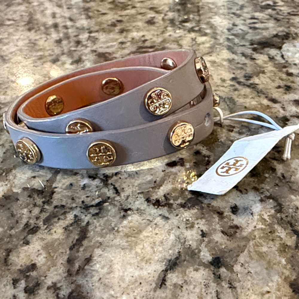 Tory Burch Leather Double Wrap Bracelet with Gold Studs NWT.